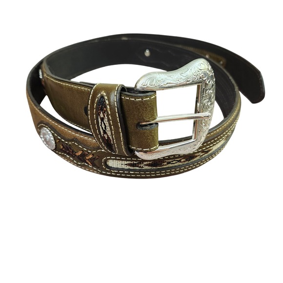Nocona Belt Co. Top Hand Southwestern Concho Belt Olive Brown Size 44 - Picture 7 of 11